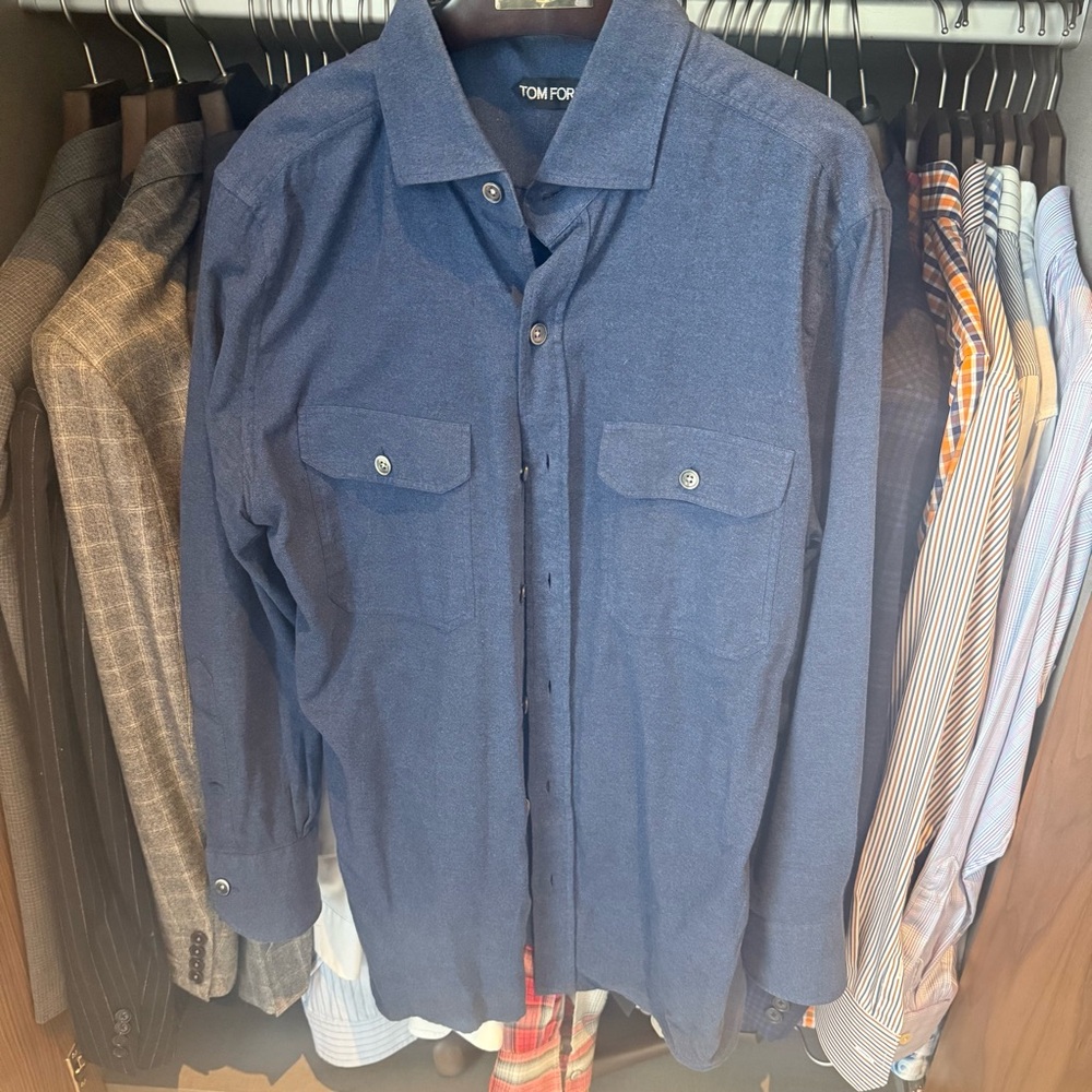Tom Ford Men’s Blue Flannel Button-Down Shirt – Size 42 / 16 1/2